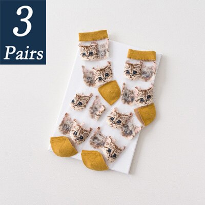 3 par kvinnor och #39 sommar genomskinliga nätstrumpor tecknad söt kattstrumpa bomull glasfilament tunna damstrumpor som andas: 4