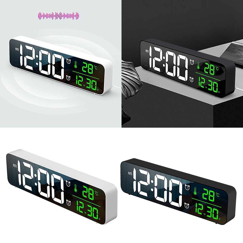10 Inch Large Screen Digital Alarm Clock Temp Day Calendar AM/PM Mirror Wall Clock 40 Music Adjustable Volume Decoration