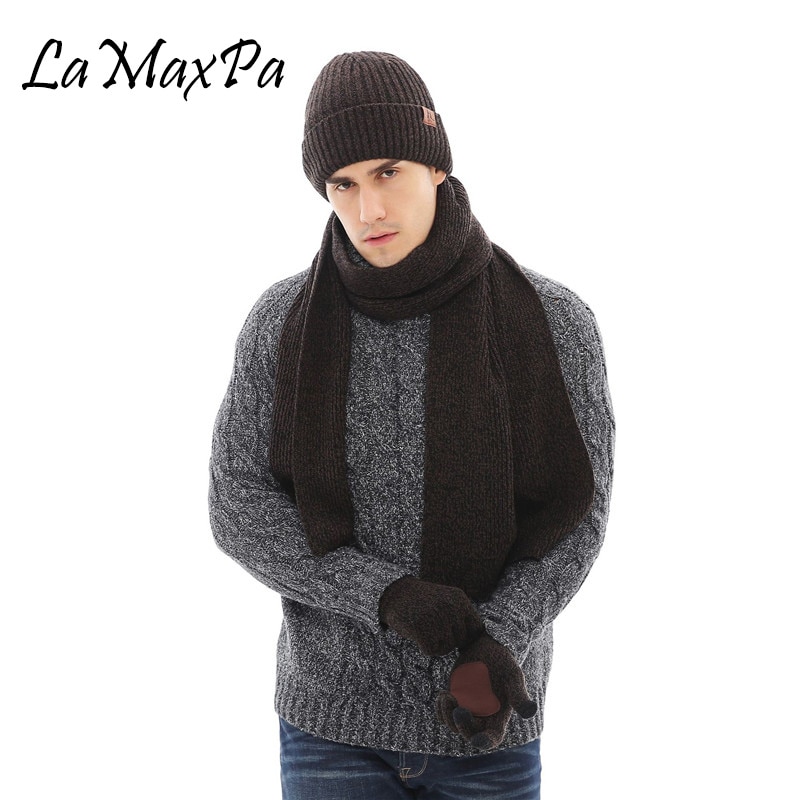 Lamaxpa solidt tyk mand tørklæde, hat & handsker sæt 3 stk stribet strikket vinter varm beanis wrap