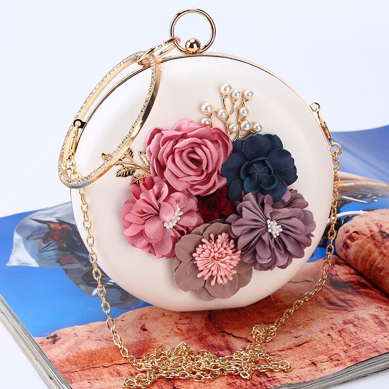 Sac de soirée circulaire, portefeuille de fête de luxe, organisateur de fleurs, pochettes, Mini porte-monnaie de mariage, LS0020: WHITE