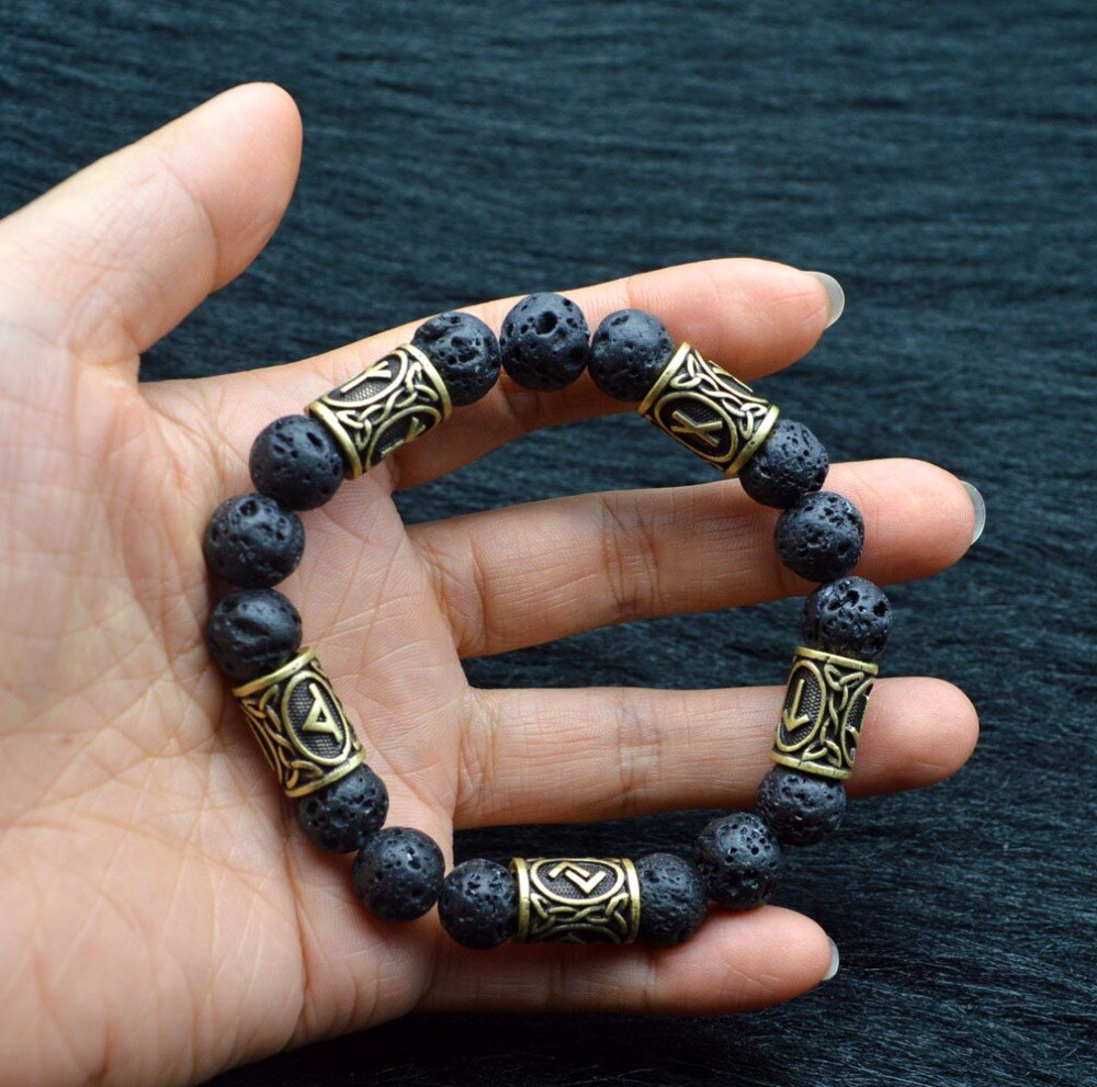 Retro Lava stone Beads Viking rune Alloy Bracelet For Men Women Bangle Jewelry