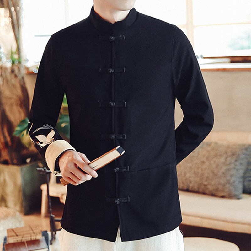 Red-Crowned Crane Embroidery Men Black Tang Jacket Chinese Style Mandarin Collar Mens Suit Jacket Frog Closures Man Coat