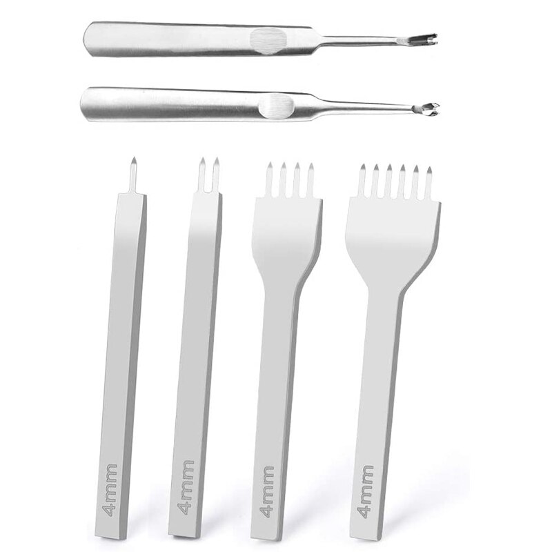 Leather Hole Punches 1+2+4+6 Prong DIY Diamond Lacing Stitching Chisel Set U/V Shaped Groover Leather Edge Beveler Skiving Tools: 4mm 6pcs