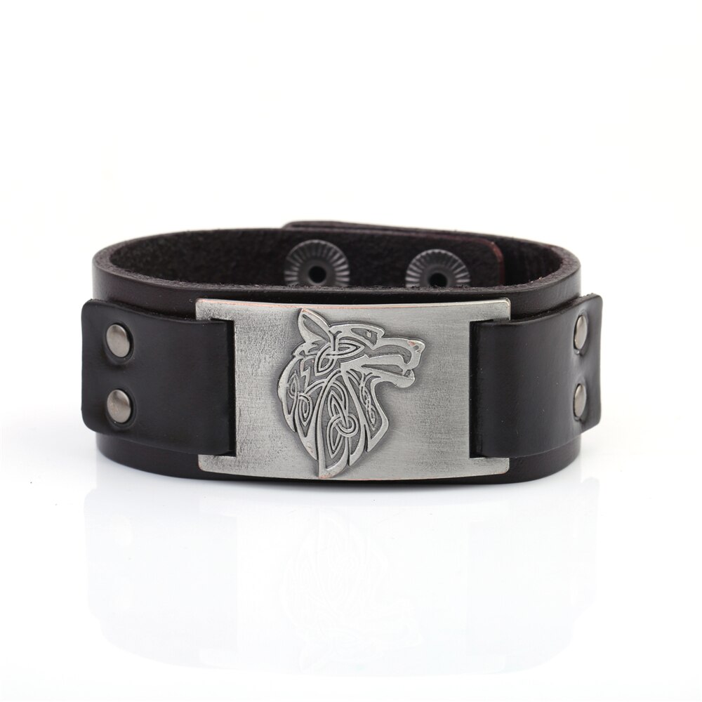 Dawapara Viking Wolf Hoofd Armband Voor Mannen Badge Charm Punk mannen Zwart Lederen Armband Brede Leren Armbanden Voor Vrouwen: 1