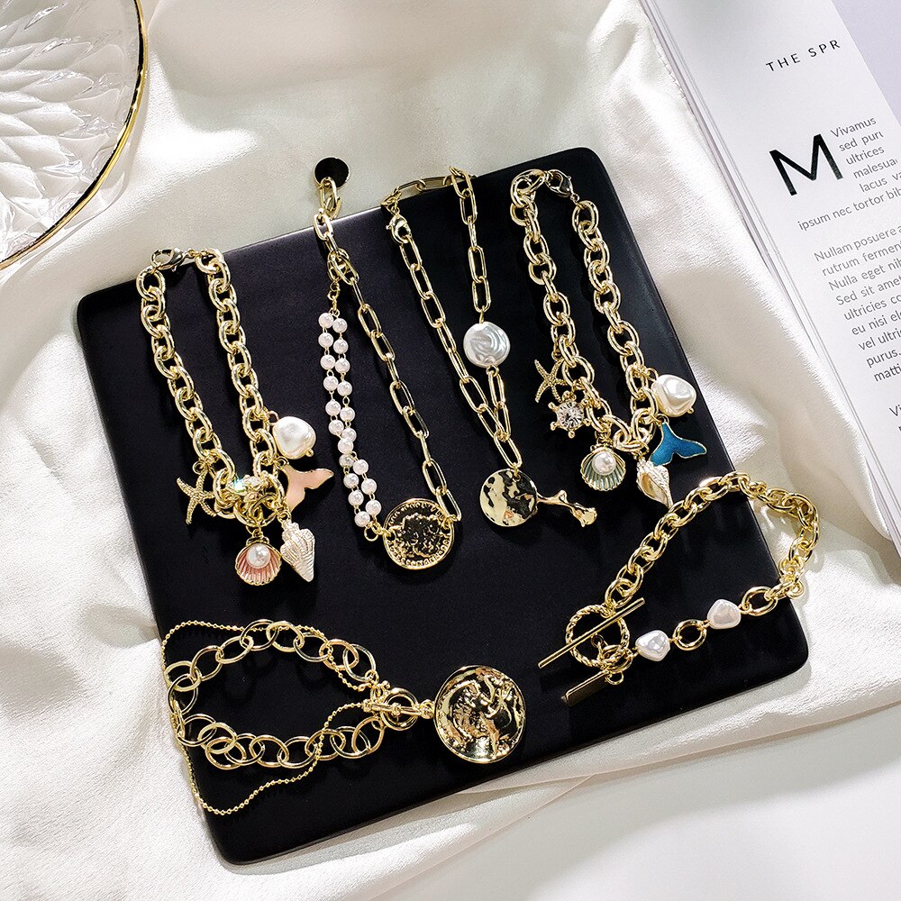 style personality retro gold plated human like pearl bracelet ocean wind gold thick bead chain bracelet Jewelry woman