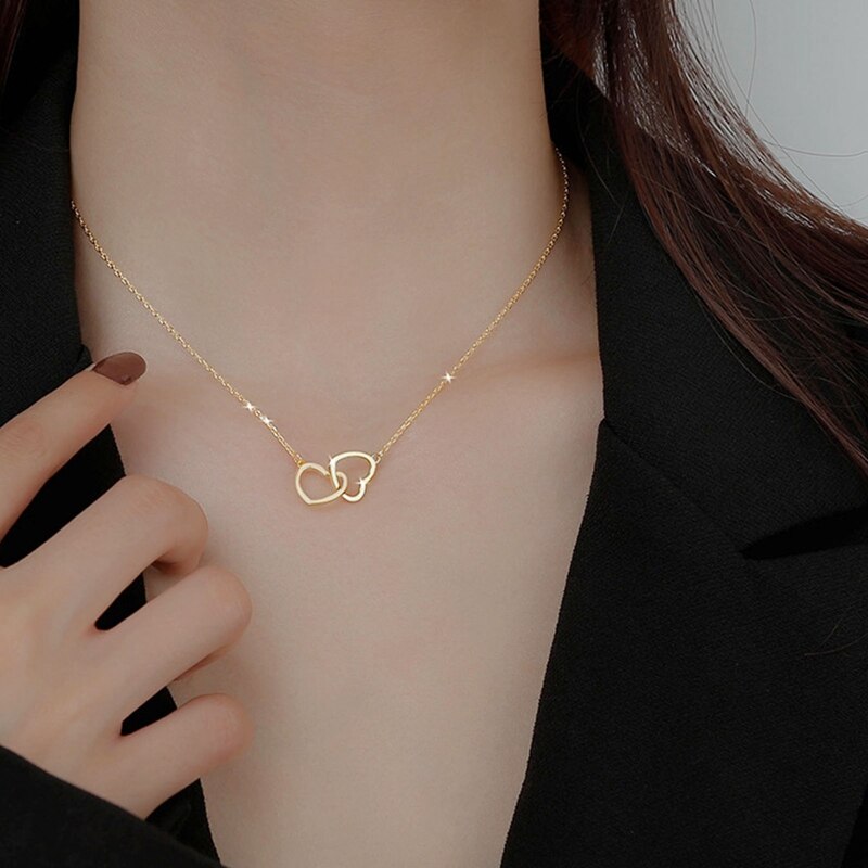 Love Double Heart-shaped Connected Hollow Pendant Necklace Light Luxury Female Clavicle Chain