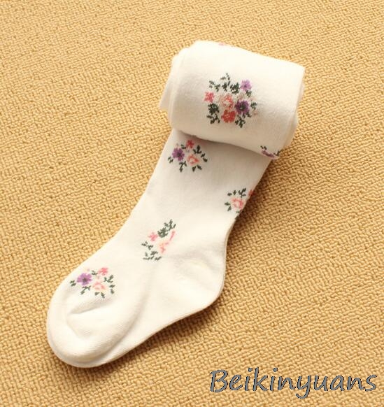 Meia-calças feminina de algodão penteado florais, meia-calça justa para crianças primavera e outono: White / (120-140CM)