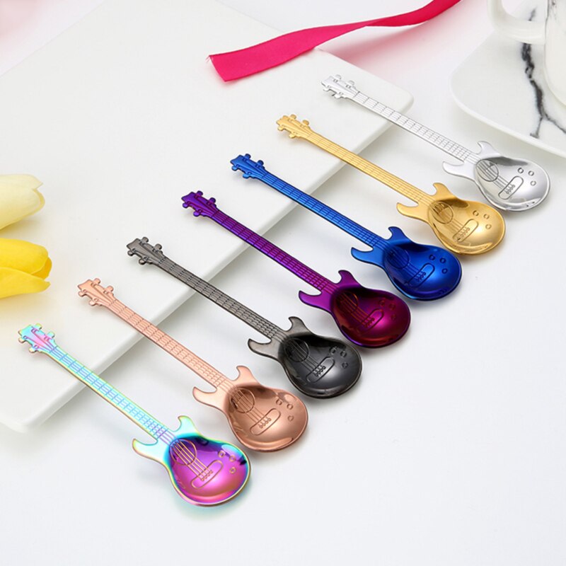 Stainless Steel Guitar Shaped Love Coffee Spoon Teaspoon Children Spoon Beautiful 7 Colors Coffee Tea Use