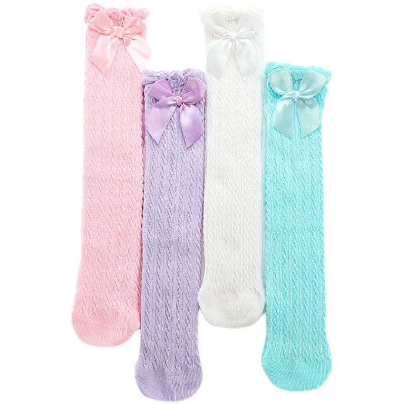 Children&#39;s summer stockings mesh over knee thin breathable cotton baby bow knot Princess socks, loose mouth high tube socks