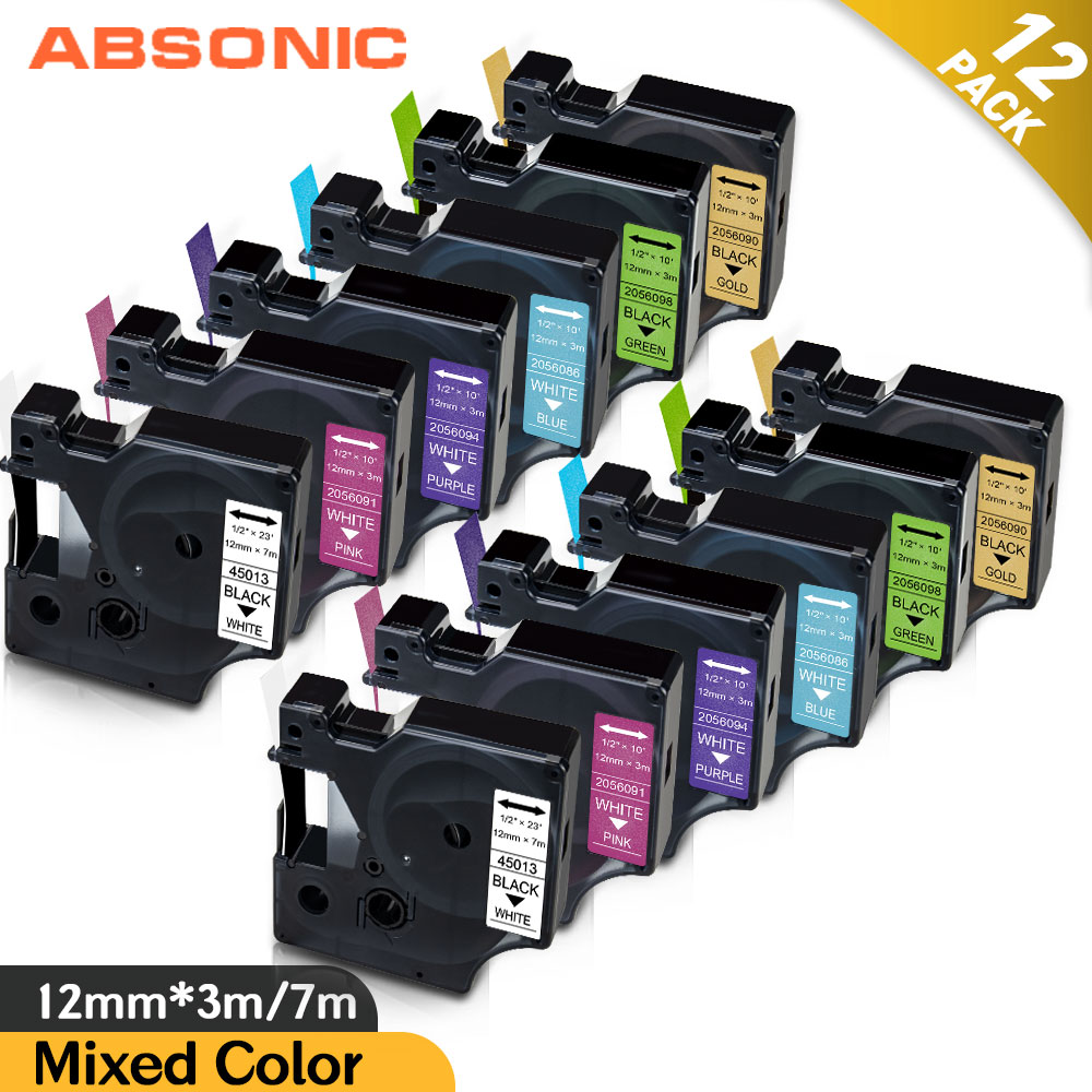 Absonic 12PK ensemble mixte 45013 2056086 2056090 2056091 2056094 2056098 12mm paillettes bande d'étiquetage pour DYMO D1 LabelManager 160