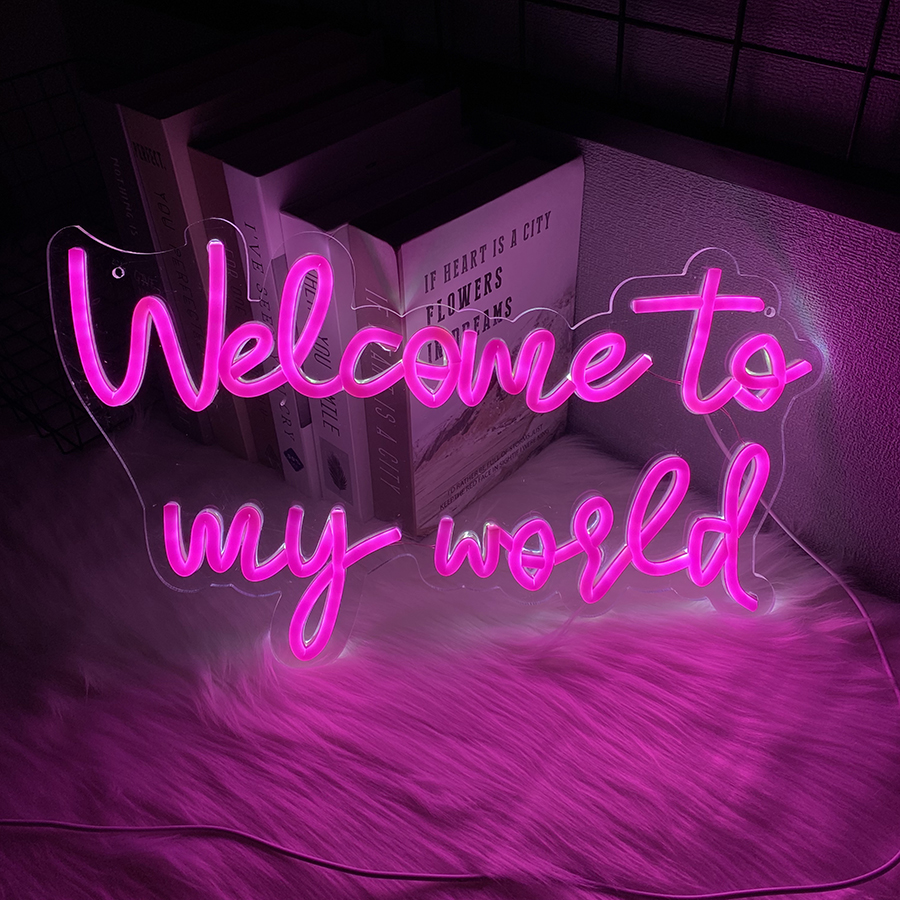 Welcome To My World letrero Led de neón, letreros de letras para decoración de pared, letreros de luces de neón rosas con alimentación USB para dormitorio, Gameroom