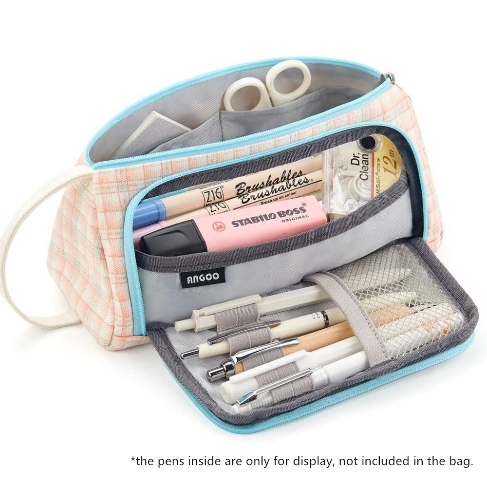 Angoo Special Grid Pen Pencil Case, Multi Slot Plaid Storage Bag, Big Organizer for Students Art Tool Kits: Plaid Blue