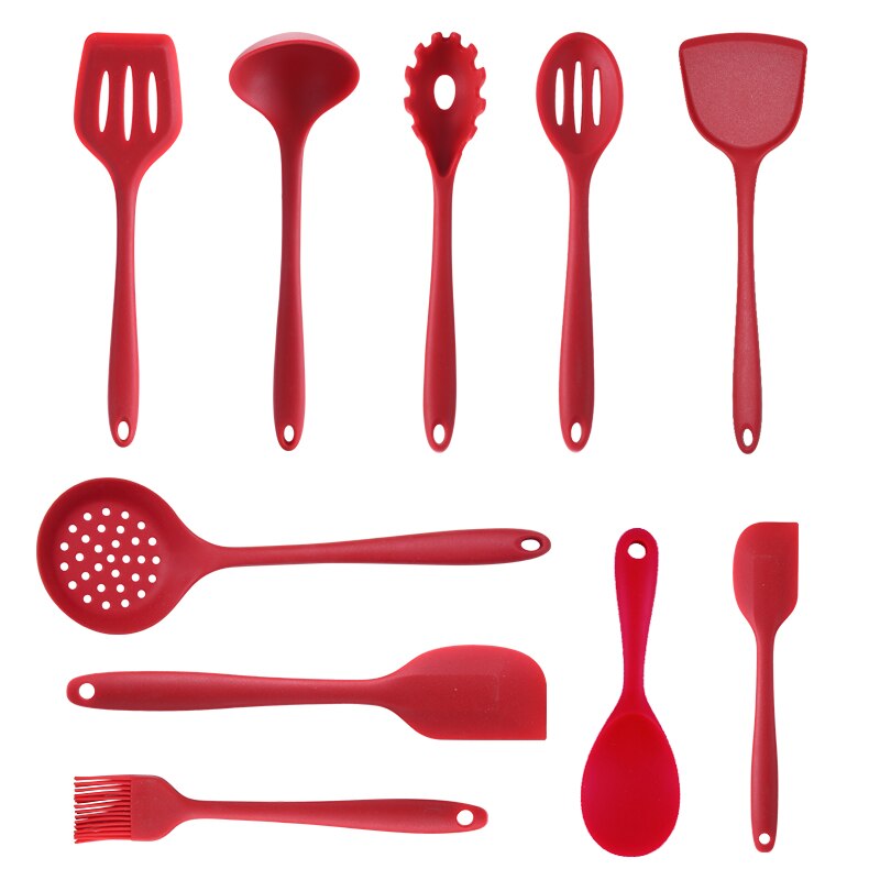 10Pcs Black/Red Non-stick Baking Cookware Set Silicone Cooking Gadgets Spatula Spoon Kitchen Utensils DIY Cooking Tools: Rood