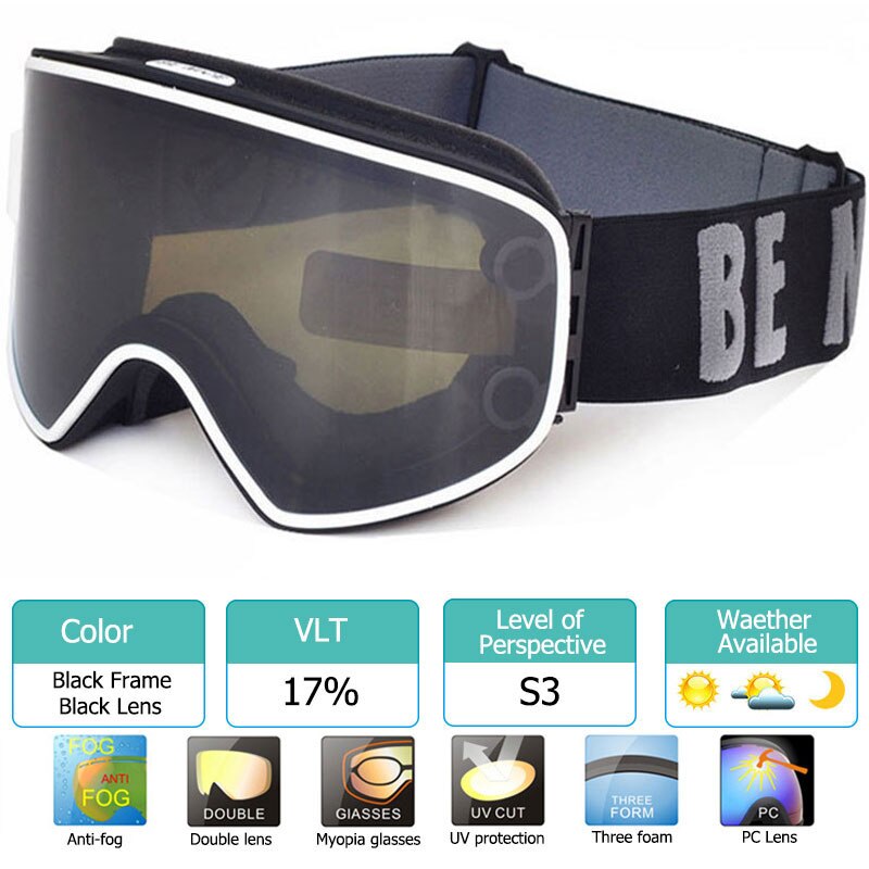 Ski Goggles 2 in 1 with Magnetic Dual-use Lens for Night Skiing Anti-fog UV400 Snowboard Goggles Men Women Ski Glasses: Black