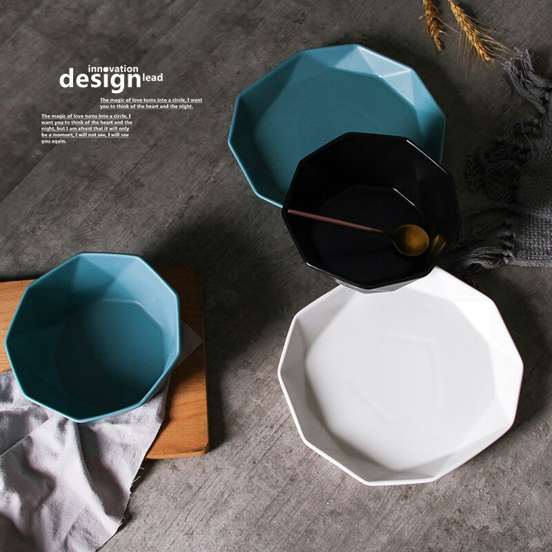 Geometric Ceramic Dinner Plates Hexagonal Dishes and Plates Sets Fruit Food Bowl Home Decorative Dinner Set Blue White Black