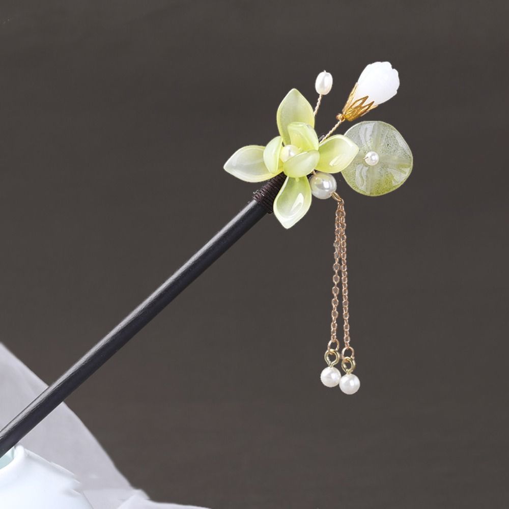 Tocados con borlas y flores, horquilla de madera para el cabello, horquilla para el cabello con perlas, accesorios para el cabello, horquilla Hanfu, palo para el cabello para niña: YELLOW