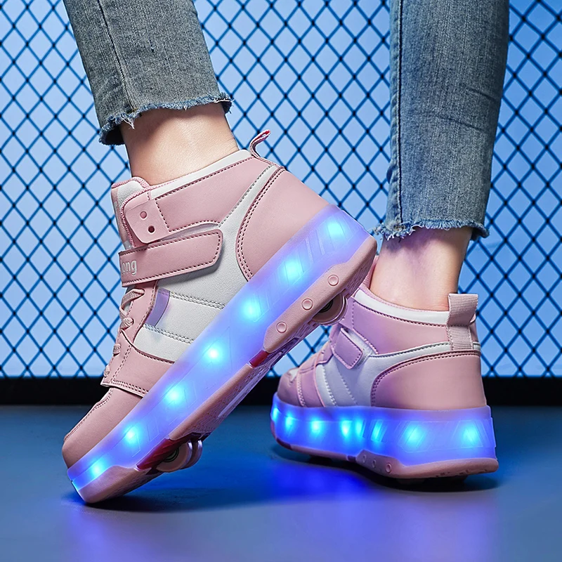 Roller Skates with Lights 4 Wheels Removable Wheels Shoes Men and Women High Top Breathable Sports Shoes Teenagers