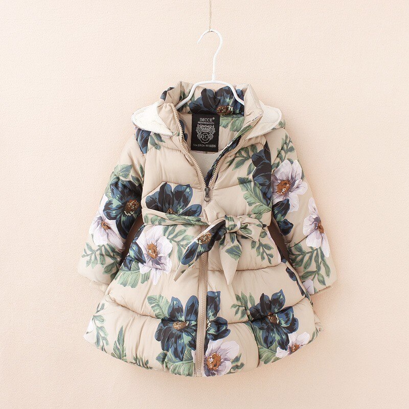Winter Jas Voor Meisje Kleding Kids Bloemen Gedrukt Parka Dikke Fleece Warme Jas Kinderen Snowsuit Kleding 2-10 Jr: Beige / 10T