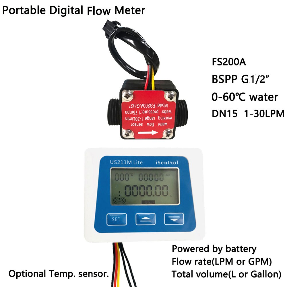 Portable US211M Lite Digital Flow Mete FS200A Water Sensor Hall Effect Flow Flowmeter 1-30L/min 5V Flow Reader Saier: Whole Set