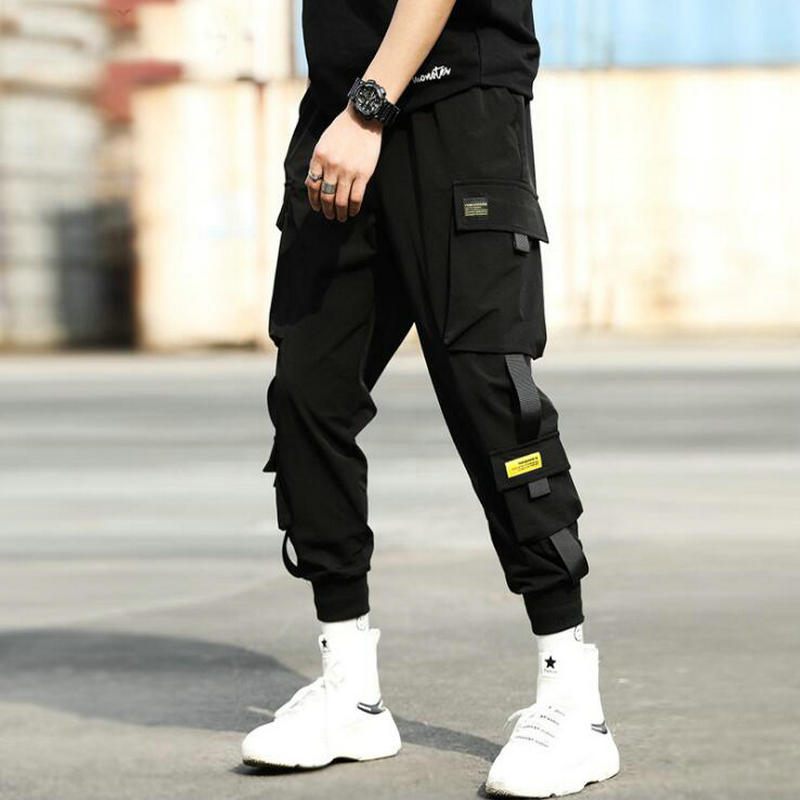 LOOZYKIT Street Hip Black Pants Men Elastic waist Punk Pants With Bands Temporary Thin Pants Men Hip Pants