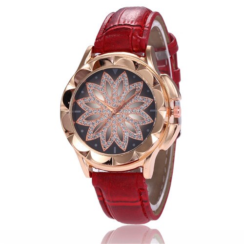 Rhinestone ure dame ur læder stor skive armbånd ur dame armbåndsur crystal relogio feminino reloj mujer ur: Rød