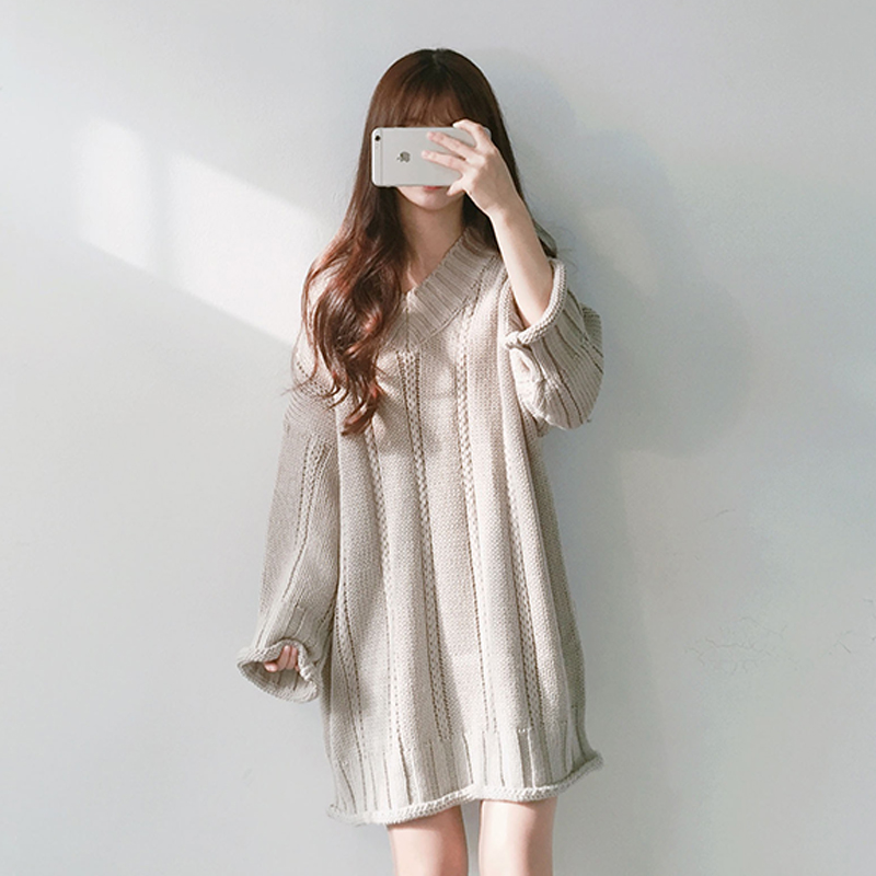 Women Kawaii Spring And Autumn V-Neck Long-Sleeve Knitted Beach Dress Female Korean Harajuku Dress For Women