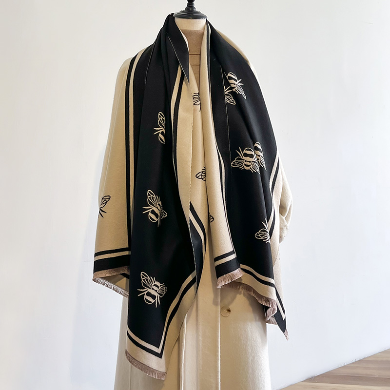 Luxo marca de dois lados abelhas lenço, imitação de caxemira, macio, quente, franja, pashmina, xale, inverno, coldproof, à prova de vento, cobertor