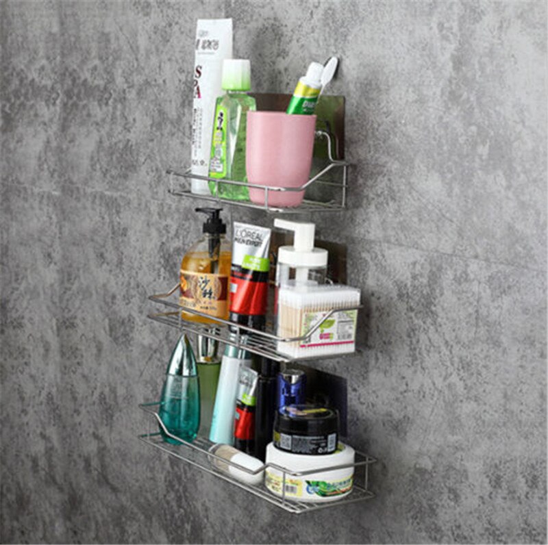 Adhésif fixé au mur Durable de support de stockage de salle de bains de panier d'étagère d'acier inoxydable