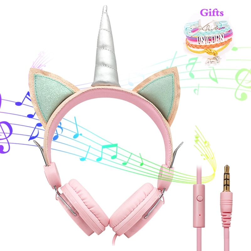 Cute Kids Headphones With Microphone Unicorn Wired Cascos Mobile Phone Gamer Headset Girl Music Helmet with Bracelet