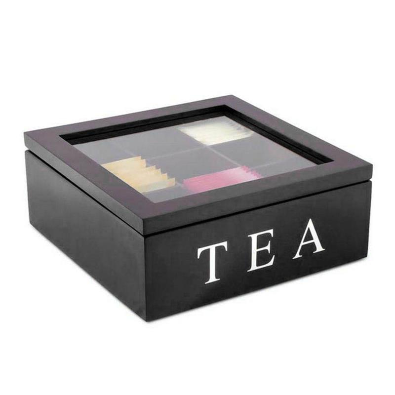 Wooden Tea Box 9 Compartments Storage Container Wood Store Eco-Friendly Multifunctional Container Case: Black