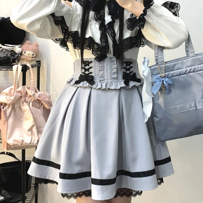 Japansk kawaii lolita mini nederdel kvinder høj talje pink blå bandage fe  y2k æstetisk nederdel afslappet sød flæsenederdel