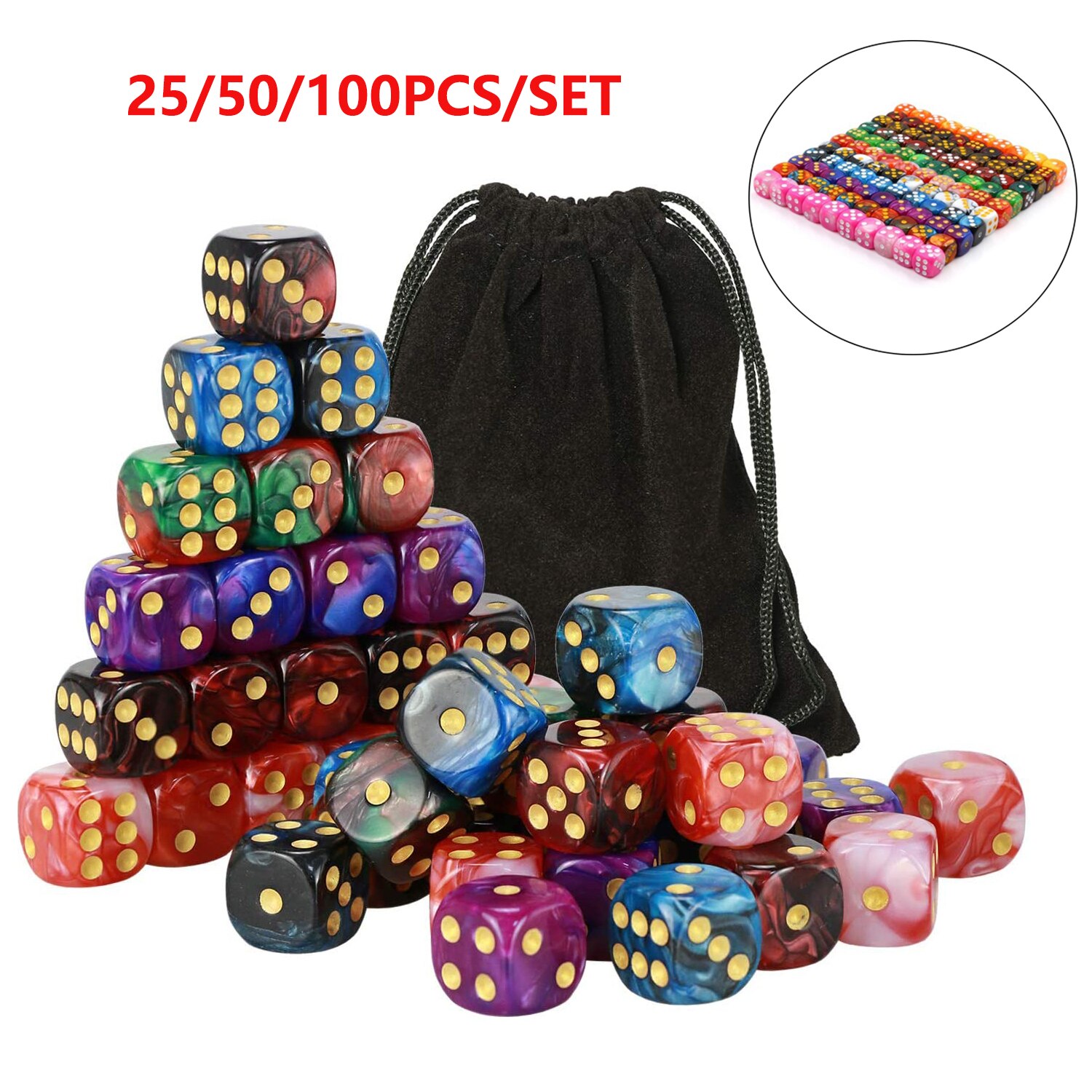 Juego de dados acrílicos poliédricos de 6 caras, 25/50/100 piezas, dados de esquina redonda de 16mm con Pips dorados para juegos de mesa, enseñanza de matemáticas