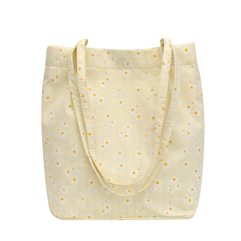 Kvinner lerret skuldervesker tusenfryd print damer floral håndveske uformell tote litterære bøker bag eco stoff veske shopping bag: Default Title