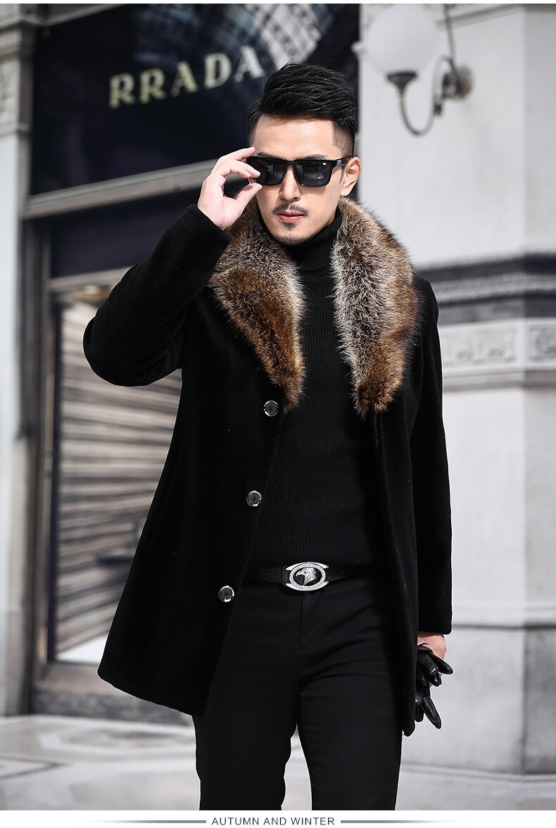 Big Fur Windbreaker Jacket Men Black Long Overcoat Mens Trench Coat Casual Slim Fit Wool Blends Jackets and Coats Outwear 5XL