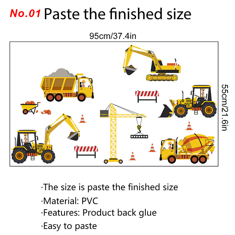 Engineering Vehicles Cartoon Wall Stickers for Kids Room Decoration Home Decor Art Murals Removable DIY Decals for Kindergarten: No.01