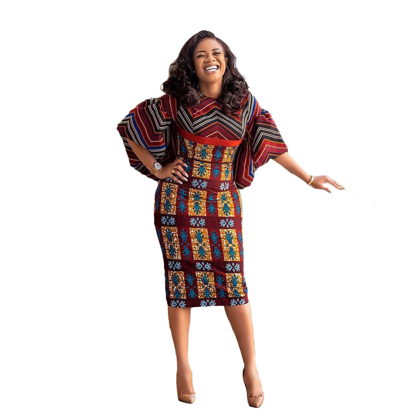 Polyester Mode Afrikaanse Jurken Voor Vrouwen Lente Herfst Dashiki Afrika Stijl Afdrukken Rijke Bazin Dashiki Midi Jurken