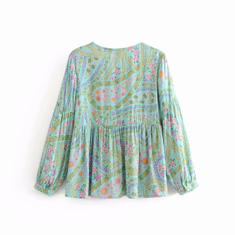 Vintage floral estampado Mujer Bohemia blusa cuello pico manga larga tops camisas sueltas boho camisas Feminino de gran tamaño