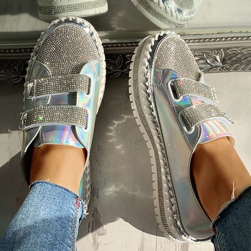 Dam strass casual daglig magic tape sneakers tjocka botten lazy casual dam skor strass kvinnliga platta skor: Silver- / 40