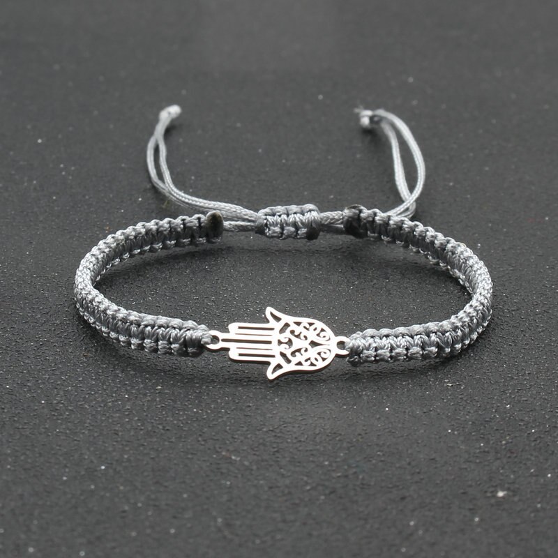 handgefertigt Geflochtene rot Gewinde Seil Armbinde Edelstahl Fatima Hand Charme Armbänder für Frauen Männer Paare Freundschaft Schmuck: grau
