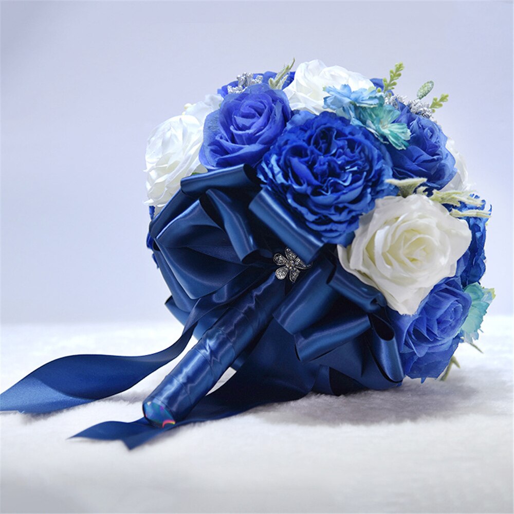 Blauw Wit Bruidsboeket Handgemaakte Kunstmatige Bloem Rose Buque Casamento Bruids Boeket Voor Bruiloft Decoratie