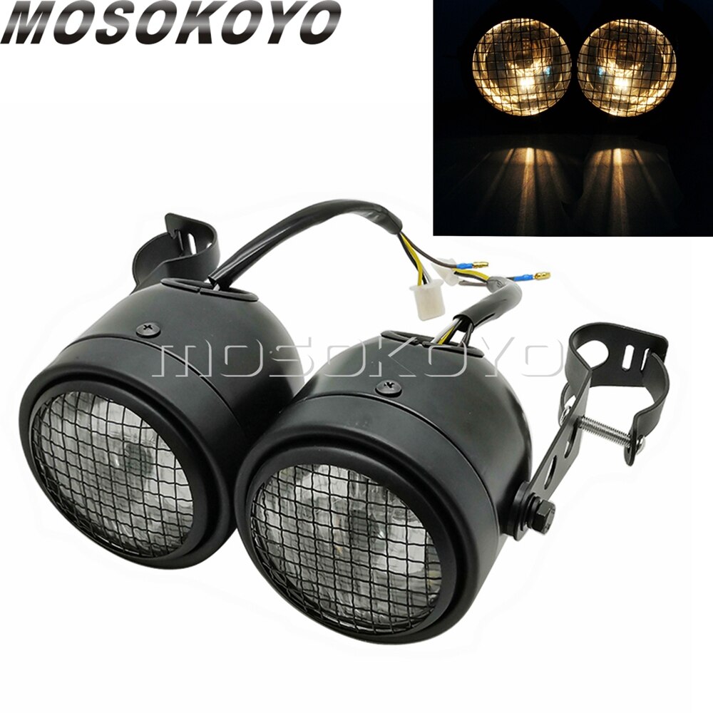 Motorcycle Twin Round Dominator Headlight 3.5" Double Dual Lamp Front Headlamp for Harley Cafe Racer Old School Chopper Bobber: D Black Clear Mask