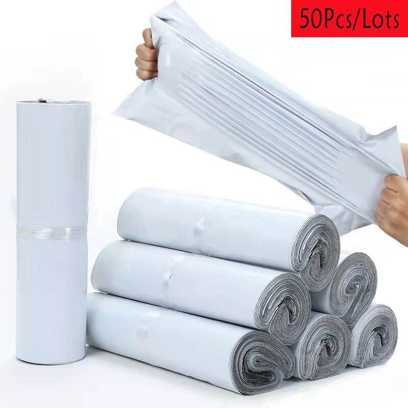 50 Pçs/lote Grátis Envelope sacos de Plástico Envelope Expresso de Sacos de Armazenamento De Cor Branca Sacos De Discussão Auto Selo Adesivo Saco do Correio
