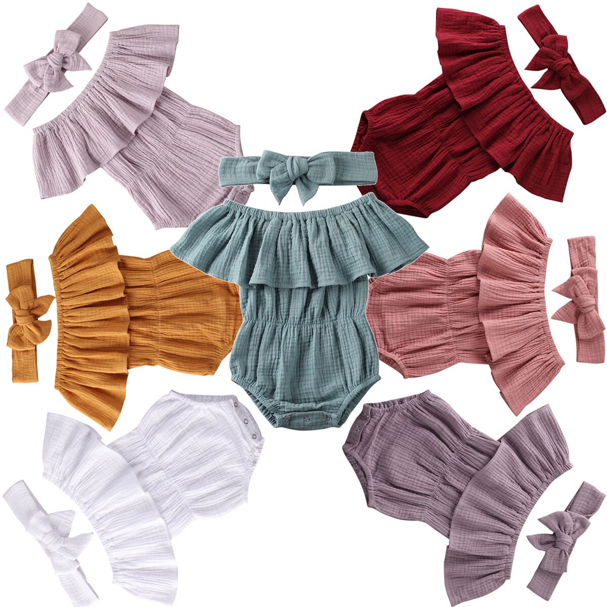 Kid Baby Girls Short Sleeve Off Shoulder Romper Jumpsuit Solid Bow Playsuit Clothing