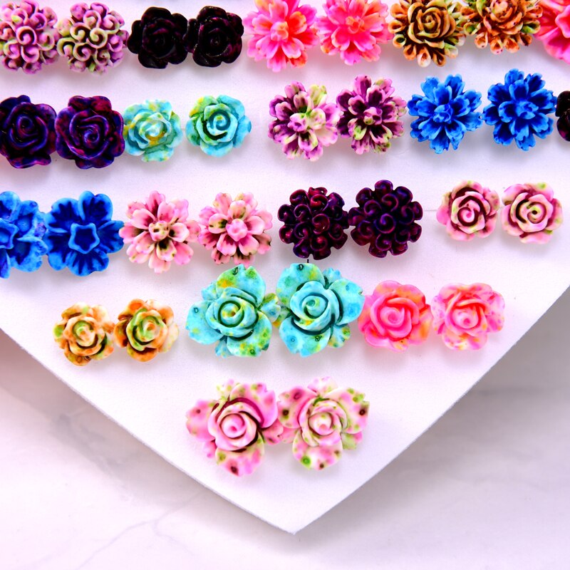 36 Pairs Mixed Style Anti Allergy Girls ear rings Plastic Rose Flower Stud Earrings for Women Trendy Jewelry