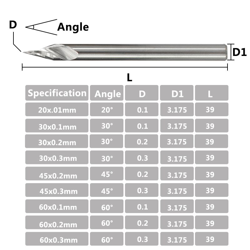 XCAN-mèche de gravure en carbure 3D, embout de fraise 20/30/3.175 degrés, 45/60, 0.1, 0.2mm, 0.3mm
