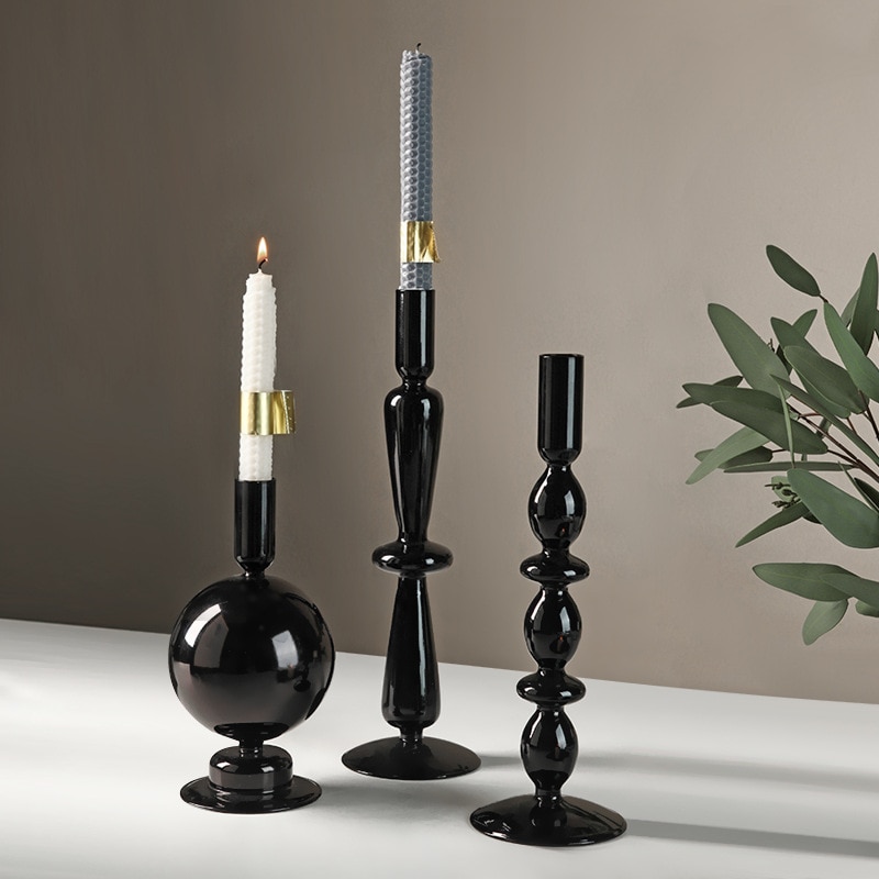 Portavelas de vidrio Retro moderno para el hogar, sala de estar, mesa de cristal negro, Románticas velas, adornos creativos de decoración