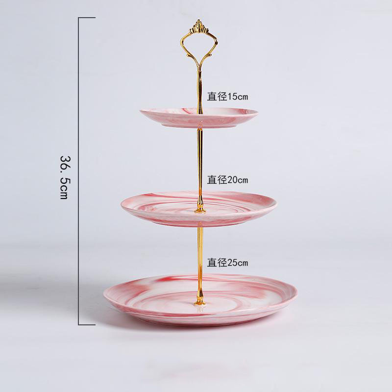 Prachtige 3 Lagen Europese Keramische Fruit Snack Tray Bruiloft Dessert Gebak Plaat Marmeren Textuur Met Gold Trim Opbergvak: Pink-L