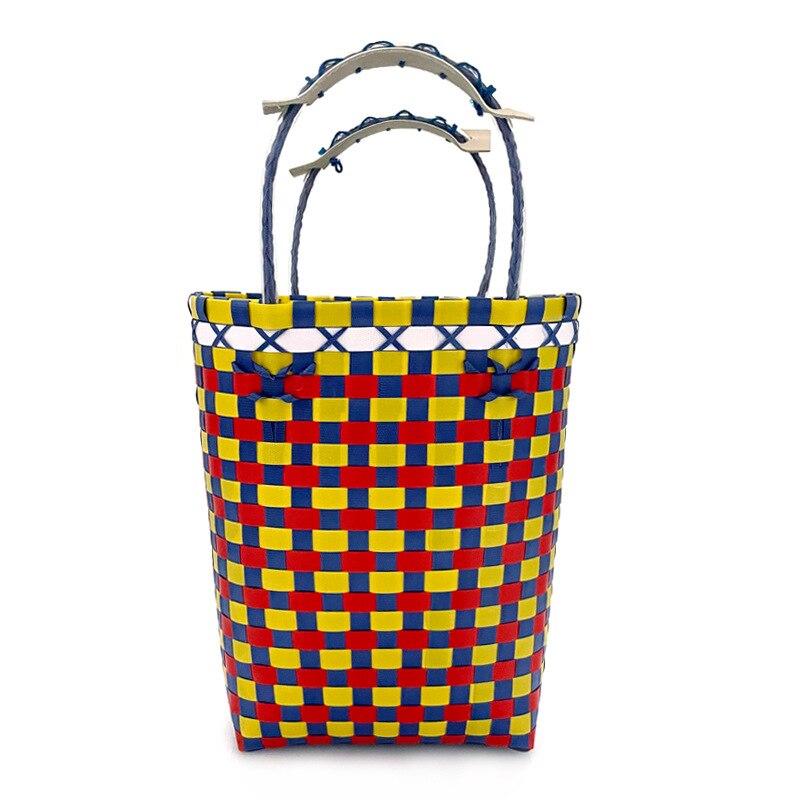 Cesta de Picnic tejida a mano de estilo japonés, bolsa de cesta de verduras tejida de plástico, bolsa de playa de mano, cesta Multicolor a cuadros, novedad: Yellow