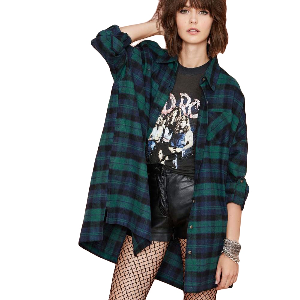 Anself femmes grande taille chemises à carreaux femme surdimensionné chemise Tartan poche col rabattu à manches longues coton décontracté femme hauts: green / M