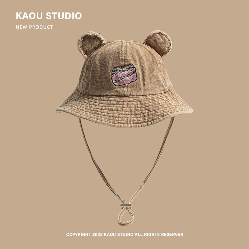 schattige beer oren geborduurde emmer hoed dames lente en zomer outdoor zonnescherm vetersluiting koepel vrije tijd zonnepet: Black